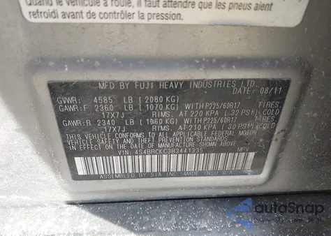 2011 Subaru Outback 2.5I Limited from USA, damaged, VIN 4S4BRCKC3B3441335